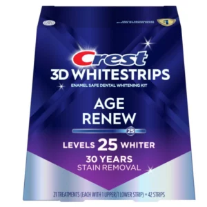 Paski wybielające do zębów Crest 3D Whitestrips Age Renew – wybielanie zębów o 25 odcieni, usuwanie przebarwień nawet do 30 lat, zestaw 21 zabiegów.