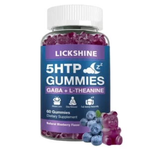 Butelka suplementu diety Lickshine 5HTP Gummies o smaku naturalnej borówki, zawierająca 60 żelków w kształcie misiów. Na etykiecie wyróżnione są składniki: GABA i L-Theanina oraz korzyści: redukcja stresu, relaks i łatwiejsze zasypianie.