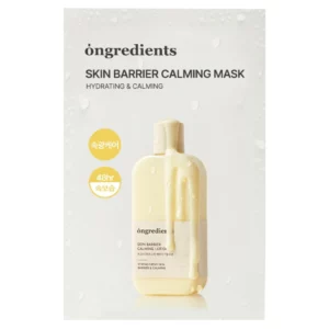Opakowanie maseczki nawilżająco-kojącej Ongredients Skin Barrier Calming Mask. Na opakowaniu widnieje butelka kremowego koloru z wylewającym się lotionem. Na opakowaniu znajdują się napisy: ‘Ongredients’, ‘Skin Barrier Calming Mask – Hydrating & Calming’, oraz ikonki w języku koreańskim informujące o 48-godzinnym nawilżeniu i pielęgnacji bariery skórnej.”