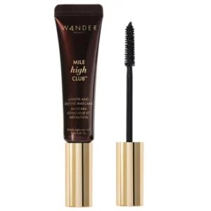 Tusz do rzęs Wander Beauty Mile High Club – brązowa tubka z napisem „Length and Define Mascara” oraz odkręconą złotą zakrętką, do której przymocowana jest szczoteczka pokryta czarnym tuszem.