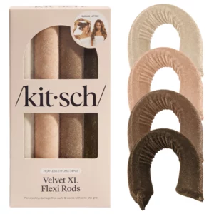 Opakowanie zestawu Kitsch Velvet XL Flexi Rods zawierające cztery aksamitne wałki do stylizacji włosów bez użycia ciepła, widoczne przez okienko pudełka wraz ze zdjęciem efektu „przed i po”.