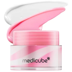 Sale 12 Różowo-biały słoiczek Medicube PDRN Lip Sleeping Mask z widoczną konsystencją balsamu w dwóch kolorach – białym i różowym – rozsmarowaną nad opakowaniem. Produkt prezentuje się apetycznie i kremowo.