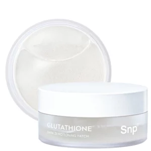 Opakowanie produktu SNP Glutathione Dark Zero Toning Patch z otwartym wieczkiem, ukazującym przezroczyste, połyskujące płatki żelowe w środku.