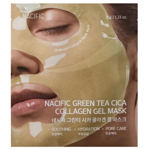 Opakowanie hydrożelowej maski do twarzy Nacific Green Tea Cica Collagen Gel Mask z grafiką kobiety noszącej przezroczystą, złotą maskę. Tekst na opakowaniu podkreśla działanie łagodzące, nawilżające i zwężające pory.