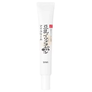 Tuba japońskiego kremu pod oczy SANA Soy Milk Isoflavone Eye Cream o minimalistycznym designie, z japońskimi znakami i logo marki.