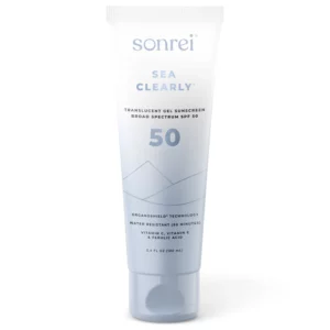 Tubka żelowego kremu przeciwsłonecznego Sonrei Sea Clearly SPF 50 na białym tle. Produkt oferuje szerokie spektrum ochrony UV, jest wodoodporny do 80 minut i zawiera witaminy C i E oraz kwas ferulowy.