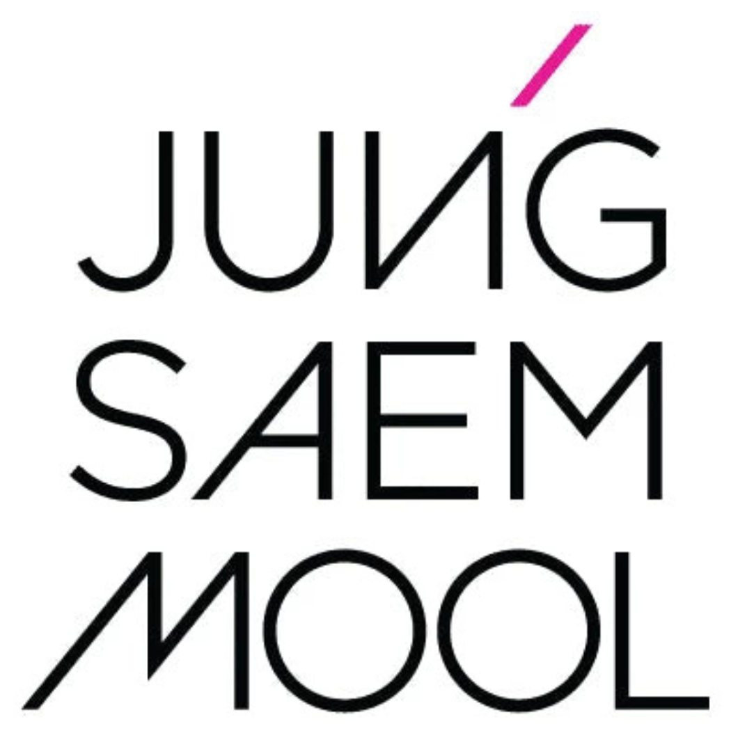 Logo marki Jung Saem Mool przedstawione czarną, nowoczesną czcionką na białym tle. Napis podzielony na trzy linie: „JUNG”, „SAEM” i „MOOL”, z charakterystycznym różowym akcentem nad literą „N” przypominającym ukośną kreskę.