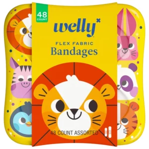 Kolorowe opakowanie plastrów Welly z motywem lwa i napisem „Flex Fabric Bandages”. Zestaw zawiera 48 sztuk w różnych wzorach i rozmiarach.