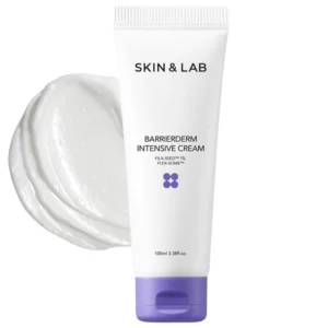 Tubka kremu Skin&Lab Barrierderm Intensive Cream na tle rozprowadzonego produktu, prezentująca konsystencję kremu.