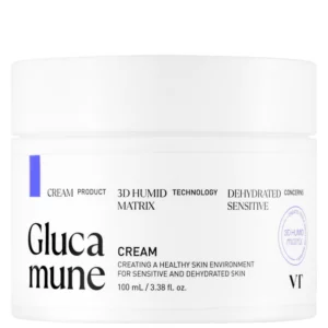 Biały słoiczek kremu Glucamune od VT Cosmetics, z czarnymi napisami opisującymi działanie produktu.