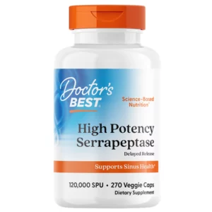 Biała butelka suplementu diety Doctor's Best High Potency Serrapeptase z pomarańczową nakrętką i niebiesko-pomarańczową etykietą.