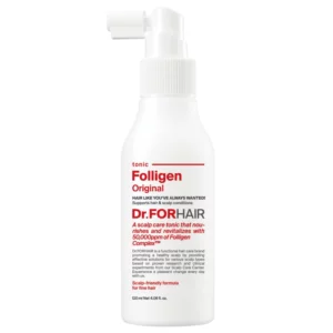 Biała butelka toniku Dr.FORHAIR Folligen Original z aplikatorem w formie dyszy — produkt do pielęgnacji skóry głowy i włosów.