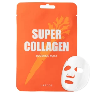 Pomarańczowe opakowanie maseczki Lapcos Super Collagen Boosting Mask z grafiką korzenia i dołączoną maską w płachcie.