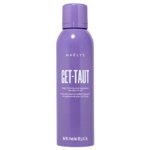 Fioletowa butelka produktu Maëlys „GET-TAUT” Body Firming and Hydrating Mousse-To-Oil o pojemności 192 g (6.7 oz). Produkt do ujędrniania i nawilżania ciała.