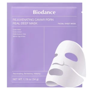 pakowanie maseczki Biodance Rejuvenating Caviar PDRN Real Deep Mask a z przodu opakowania biała maska w płachcie.