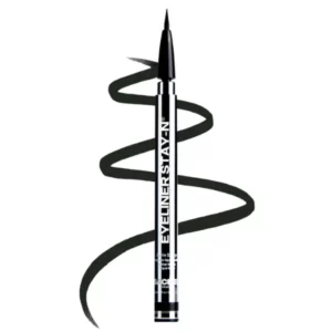 Sacheu Eyeliner STAY‑N w odcieniu czarnym z cienką, precyzyjną końcówką i czarną linią układającą się w kształt fali na białym tle.