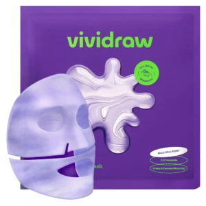 Fioletowe opakowanie maski Vividraw Black Olive PDRN™ z wyraźnym logo i grafiką w kształcie rozlanej esencji, obok hydrożelowa maska w dwóch częściach w odcieniu lawendy.