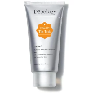 Tubka balsamu do ciała Dépology Retinol Radiance Rescue Body Lotion w srebrnym opakowaniu z pomarańczową naklejką „Viral on TikTok”, na białym tle.