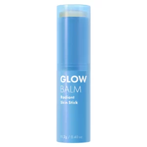 Niebieskie opakowanie sztyftu ustawione pionowo, na którym widnieją napisy Glow Balm Radiant Skin Stick.