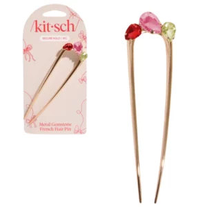 Spinka do włosów Kitsch Holiday Gemstone French Hair Pin w opakowaniu, przedstawiająca metalowy szpil do włosów ozdobiony trzema kolorowymi kryształami w odcieniach czerwieni, różu i zieleni.