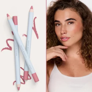 Start 60 Ravie Beauty Soft Definition Lip Liner w odcieniu Macaron - różowe konturówki do ust pokazane wraz z próbkami koloru i modelką prezentującą delikatny różowy efekt na ustach.