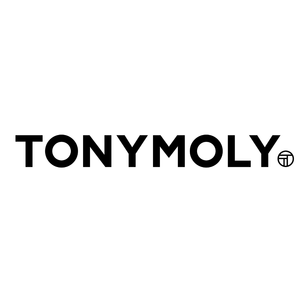 Logo marki TonyMoly w czarnym kolorze na białym tle, z charakterystycznym okrągłym symbolem po prawej stronie.