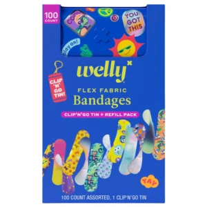 Widok z przodu opakowania Welly Flex Fabric Bandages zawierającego 100 plastrów i niebieski pojemnik Clip‘n’Go. Opakowanie w kolorze niebieskim, ozdobione grafikami plastrów i naklejek z pozytywnymi hasłami.