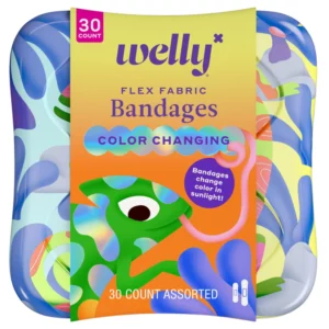 Sale 10 Przód opakowania Welly Flex Fabric Bandages – Color Changing, z grafiką zielonego kameleona i informacją, że plastry zmieniają kolor w świetle słonecznym.