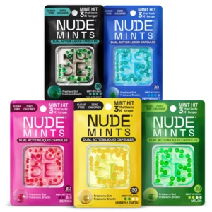 Zestaw pięciu opakowań NUDE MINTS w różnych wersjach smakowych (Berries, Honey Lemon, Melon, Peppermint, Spearmint) ustawionych obok siebie na białym tle.