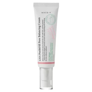Na zdjęciu widoczna jest biała tubka kremu AXIS-Y LHA Peel & Fill Pore Balancing Cream o pojemności 50 ml, ustawiona pionowo na białym tle. Na opakowaniu umieszczono nazwę produktu oraz informacje o działaniu złuszczającym i równoważącym pory dzięki zawartości LHA.