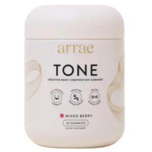 Wellness 9 Zbliżenie na biały pojemnik Arrae Tone Creatine Body Composition Gummies z oznaczeniem „Mixed Berry”, zawierający 60 żelków.