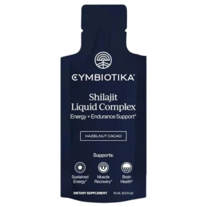 Ciemnogranatowa saszetka Cymbiotika Shilajit Liquid Complex w smaku hazelnut cacao, wspierająca energię, wytrzymałość i zdrowie mózgu.