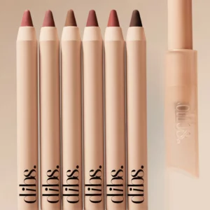 Zestaw konturówek do ust Dibs No Pressure Lip Liner w sześciu różnych odcieniach, ustawionych pionowo obok siebie.
