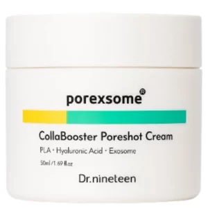 biały słoiczek kremu Dr.nineteen PoreXsome CollaBooster Poreshot Cream, minimalistyczny design z kolorowym paskiem (żółty–zielony–turkusowy) i opisem kluczowych składników: PLA, kwas hialuronowy, egzosomy.