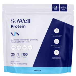 Front dużego opakowania SoWell Protein Vanilla z informacją: 25 g białka, 1 g cukru, 150 kcal na porcję oraz wzmiankami o zawartości izolatu białka serwatkowego, kolagenu i mieszanki enzymów dla lepszego trawienia.