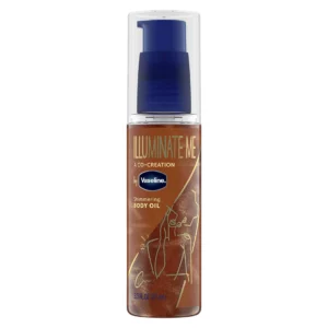 Butelka olejku do ciała Vaseline Illuminate Me Shimmering Body Oil z niebieską pompką i przezroczystą nakładką.