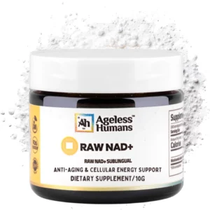 Szklany słoiczek suplementu Ageless Humans Raw NAD+ o pojemności 50 g, z białą nakrętką i żółto-białą etykietą, ukazany na białym tle.