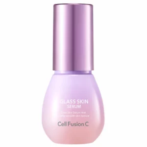 Pojedyncza butelka Cell Fusion C Glass Skin Serum na białym tle, w pastelowym przejściu różu i fioletu z metaliczną zakrętką, prezentująca minimalistyczny i elegancki design produktu.