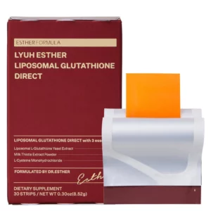 Zdjęcie opakowania produktu Esther Formula Lyuh Esther Liposomal Glutathione Direct z widocznym pomarańczowym paskiem, który symbolizuje innowacyjną formę suplementacji o szybkim wchłanianiu i cytrusowym smaku.