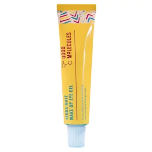 Samodzielne ujęcie produktu Good Molecules Yerba Mate Wake Up Eye Gel – żółta tubka z kolorowymi detalami i białą nakrętką, na której widnieje logo marki i nazwa produktu.