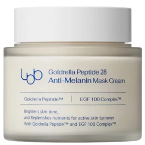 Słoiczek kremu LBB Goldrella Peptide 28 Anti-Melanin Mask Cream w beżowym kolorze z białym wieczkiem, widoczne logo marki i opis działania produktu.