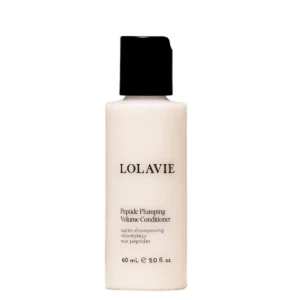 Beżowa butelka odżywki LolaVie Peptide Plumping Volume Conditioner o pojemności 60 ml z czarną zakrętką.