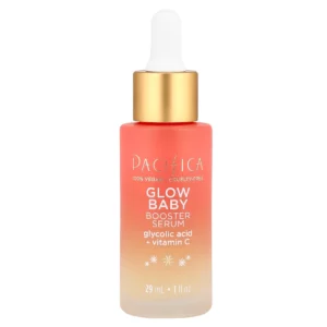 Szklana buteleczka serum Pacifica Glow Baby Booster Serum o pojemności 29 ml w odcieniu ombre – od mleczno-beżowego u dołu po intensywnie koralowy u góry, z białą pipetą i złotą nakrętką. Na froncie widoczny złoty napis z nazwą produktu oraz informacją o składnikach: glycolic acid + vitamin C.