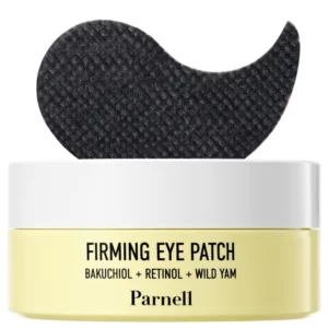 Pojemnik z żółtym spodem i białym wieczkiem, na którym widnieje nazwa produktu Parnell Firming Eye Patch – Bakuchiol + Retinol + Wild Yam. Na górze opakowania czarny hydrożelowy płatek w kształcie półksiężyca.