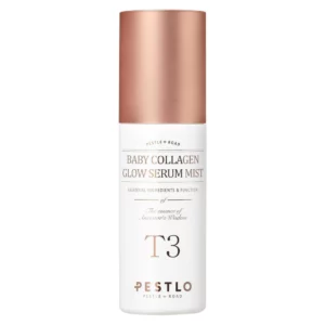 Produkt PESTLO T3 Baby Collagen Glow Serum Mist w eleganckiej, minimalistycznej butelce z miedzianą zakrętką i złotym logo, przedstawiony na białym tle.