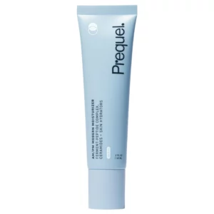 Opakowanie Prequel AM/PM Modern Moisturizer – minimalistyczna, błękitna tuba o pojemności 60 ml, symbolizująca świeżość i czystość formuły nawilżającej do codziennej pielęgnacji skóry.