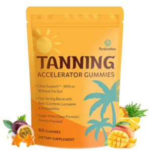 Opakowanie suplementu Pyralvexithon Tanning Accelerator Gummies – żelki przyspieszające opalanie z naturalnymi ekstraktami roślinnymi i witaminami, wspierające zdrowy wygląd i promienny koloryt skóry.