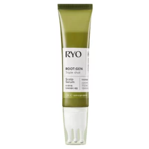 Tuba RYO Root:Gen Triple Shot Scalp Serum w kolorze oliwkowozielonym z białą etykietą i potrójnym aplikatorem masującym.