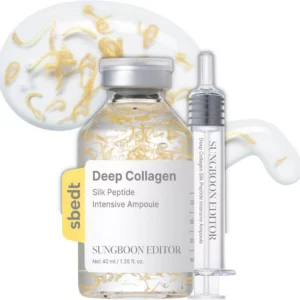 Sungboon Editor Deep Collagen Silk Peptide Intensive Ampoule – ampułka z kolagenem i peptydami jedwabiu, liftingujące serum do twarzy z widocznymi złotymi nićmi kolagenowymi, butelka 40 ml z aplikatorem w formie strzykawki, białe tło.