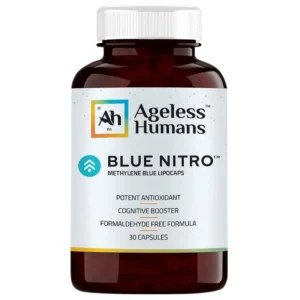 Butelka suplementu Ageless Humans Blue Nitro w bursztynowym opakowaniu z białą etykietą i logo marki, ukazująca minimalistyczny design i główne korzyści produktu.